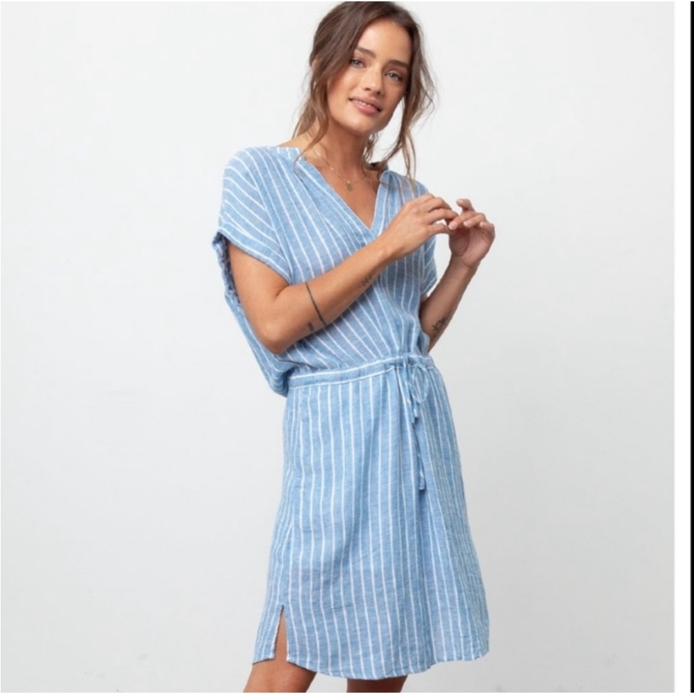 Rails Blue Emma St. Germain Stripe Dress Casual Linen Pockets XXS Oversized Tie